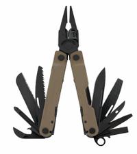 LEATHERMAN Multi Tool Plier: Multi-Tool Plier, 17 Tools, 17 Functions, 4 in Closed Lg, Coyote, Rebar (MPN 832375). Key specifications — attr15951: LEATHERMAN; attr15966: Tool Only; attr10312: Coyote; attr15960: Premium Replaceable Wire Cutters; attr15963: Stainless Steel; attr15971: Multi-Tool Plier; attr15972: Small Screwdriver; attr15977: Fold Open.