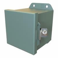 HAMMOND Electrical Enclosure: Steel, 4 in x 4 in x 4 in, NEMA 12/13/3R/4, Solid Cover, Hinged (MPN HJ444HLP). Key specifications — Closure Method: Clamps; Brand: HAMMOND; Knockouts: Not Included.