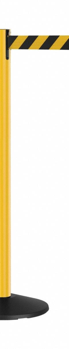 RETRACTA-BELT Barrier Post with Belt: Black/Yellow, Diagonal Stripe, No Legend, 7 ft Belt Lg, Yellow (MPN P101YA-BYD7). Key specifications — Base Material: ABS; Belt Color: Black/Yellow; Brand: RETRACTA-BELT; Post Material: Aluminum; Post Color: Yellow; Message: No Legend.