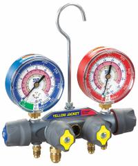 YELLOW JACKET Manifold Gauge: 4 Valves, 0 Hoses, Series Titan, 3 1/8 in Gauge (MPN 49963). Key specifications — Product Type: Manifold Gauge Set; For Refrigerant Type: R-410A; Brand: YELLOW JACKET; Gauge Boots: No; Sight Glass: Yes.