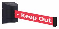 TENSABARRIER Barrier Post with Belt: Fixed Mounting Plate, 15 ft Belt Lg, Danger Messaging, Red (MPN 897-15-S-33-NO-RHX-C). Key specifications — Message Color: White; Frame Color: Black; Brand: TENSABARRIER; Belt Color: Red.