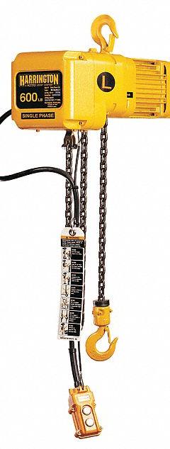 HARRINGTON Electric Chain Hoist: H4 - Heavy Duty, 230V AC, Hook Mounted - No Trolley, 1 Speeds (MPN SNER000600S-10/230v). Key specifications — attr918889: HARRINGTON; attr918909: Safety Latch Hook; attr918925: 230V AC; attr922366: 28 in - 30 in.
