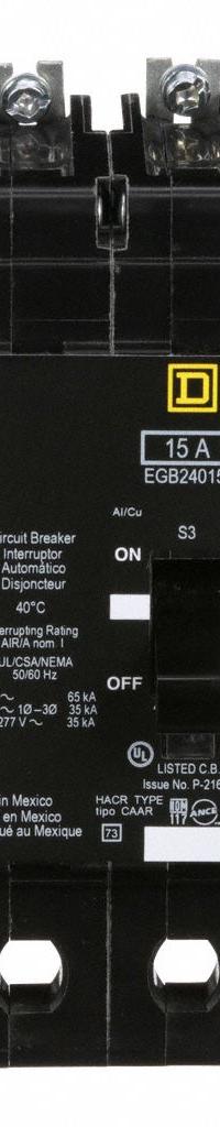 SQUARE D Miniature Circuit Breaker: 15 A, 277/480V AC, Single Phase, 35kA at 277/488V AC, 2 Poles (MPN EGB24015). Key specifications — Phase: Single; Amps: 15 A; AC Voltage Rating: 277/480V AC; Max. AIR Rating: 35kA at 277/488V AC; For Use With: Square D NF Panelboards; Brand: SQUARE D.