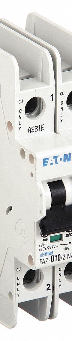 EATON IEC Miniature Circuit Breaker: 10 A Amps, 48/96V DC, 10kA at 277/480V AC, Screw Clamp, FAZ-NA (MPN FAZ-D10/2-NA). Key specifications — attr195863: 48/96V DC; attr211132: EATON; attr195864: 10kA at 277/480V AC; attr195865: Screw Clamp; attr195867: 277/480V AC.