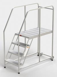 EGA Mobile Work Platform: 3.3 ft Platform Ht - Max, 24 in x 42 in, Aluminum, 300 lb Load Capacity (MPN A008H). Key specifications — Folding: Not Foldable; Mobility: Rolling; Use Location: Indoor; Brand: EGA; Color: Silver; Height Adjustability: Fixed Height; Includes Handrails: Handrails Included; Locking Mechanism: No Locking Mechanism.