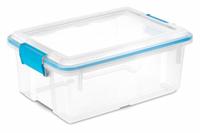 STERILITE Storage Tote: 3 gal, 16 1/8 in x 11 1/4 in x 6 3/4 in, Clear Body Body, Blue Lid, Blue (MPN 19424306). Key specifications — attr1188666: Plastic; attr1188675: Clear Body; attr1188676: Blue; attr1188687: STERILITE.