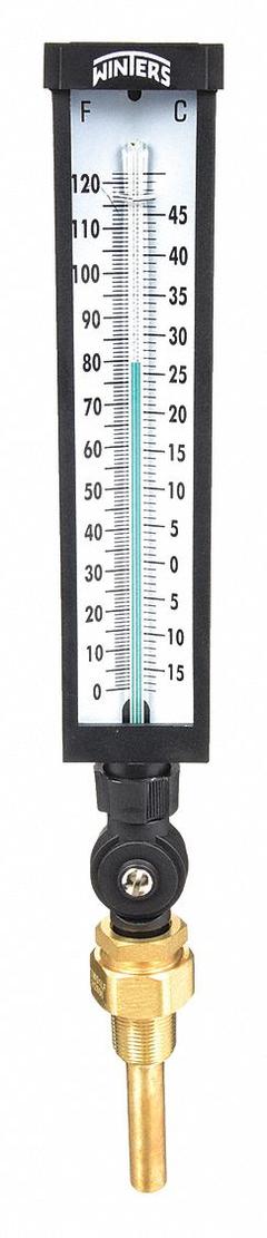 WINTERS Industrial Glass Thermometer: 0°F to 120°F /-15°C to 50°C, +/-1% Accuracy, 3.5 in Stem Lg (MPN TIM102LF.). Key specifications — Thermometer Thread Type: UNF; Accuracy: +/-1%; Brand: WINTERS.