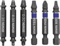 IRWIN Screw Extractor Set: 6 Pc, Double End Extractor Bit, Size #1/#2/#3, #4 to #14 Capacity (MPN 1876225). Key specifications — attr1030267: IRWIN; attr1030276: #4 to #14; attr1030283: 1876225; attr1030273: #3; attr1075325: M5 to M8.