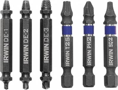 IRWIN Screw Extractor Set: 6 Pc, Double End Extractor Bit, Size #1/#2/#3 - Double-Ended Extractor/Drill Bit Sets