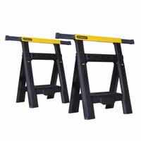 STANLEY Adjustable Folding Sawhorse: Adj Ht, Plastic, 27 7/10 in Overall Wd, 1 PR (MPN STST60626). Key specifications — Height Adjustability: Adjustable Height; Height Adjustment Mechanism: Ergonomic Height Adjustment; Brand: STANLEY; Portability: Fold-Up Legs; Top Material: Plastic; Included Components: No Additional Components; Expandable Work Surface: Yes; Clamping System: None.