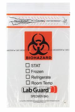 Specimen Transfer Bag: LDPE, Biohazard, 1.75 mil Thick, Clear, 9 in Overall Ht, 4075, 1,000 PK. Key specifications — Brand: MEDEGEN MEDICAL PRODUCTS; Closure Type: Zipper; Product Type: Dual Pouch Specimen Bag; Manufacturer Part Number: 4075; Color: Clear; Display Sell UOM: PK; Legend: Biohazard.