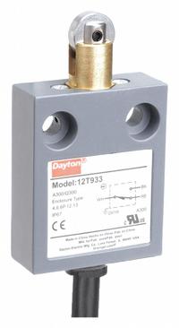 DAYTON Limit Switch: Roller Plunger (MPN 12T933). Key specifications — attr1019632: DAYTON; attr1019639: 9.8 ft Cable (4 Wire, 18 AWG, SJT).