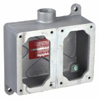 APPLETON ELECTRIC Mounting Body: 2 Gangs, Iron, 3/4 in Hub Size, Dead End, 6 1/8 in Overall Ht (MPN EFD275-NL-Q). Key specifications — Brand: APPLETON ELECTRIC; Hub Type: Dead End.