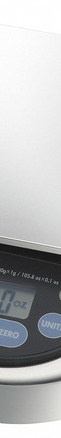A&D WEIGHING Food Scale: 5 in Weighing Surface Dp, 5 in Weighing Surface Wd, 2 1/2 in Overall Ht (MPN HL-3000WPN). Key specifications — Readability: 0.002 lb/1 g; Brand: A&D WEIGHING; IP Rating: IP65.