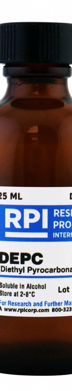 RPI DEPC (Diethyl Pyrocarbonate) (Diethyl Dicarbonate): 25 mL Volume, Liquid, Glass (MPN D43060-25.0). Key specifications — Form: Liquid; Brand: RPI; Chemical Grade: Lab; Container Material: Glass.