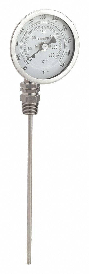 APPROVED VENDOR Dial Thermometer: 50°F to 550°F /10°C to 290°C, 9 in Stem Lg - Side- & Bottom-Mount Fixed-Angle Thread-Mount Dial Thermometers