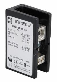 SQUARE D Power Distribution Block: Open, Lug, Lug, 14 AWG – 2/0 AWG For Line Side Wire Sizes (MPN 9080LBA162104). Key specifications — attr1361688: Surface; attr1308686: SQUARE D; attr1361672: Copper.