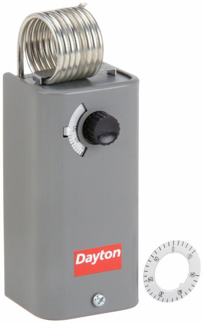 Dayton Line Volt Mechanical Tstat: Cool Only, Steel, 30° to 110°F, 3.5°F - Indoor Single-Stage Controls
