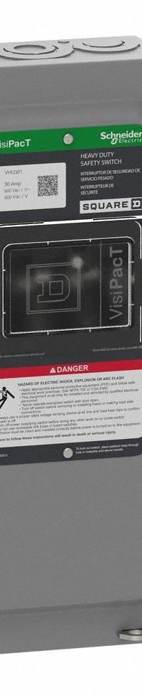 SCHNEIDER Safety Switch: Non-Fusible, 30 A, Three Phase, 600V AC/DC, Galvanized Steel, Indoor (MPN VHU361). Key specifications — attr867131: SCHNEIDER.