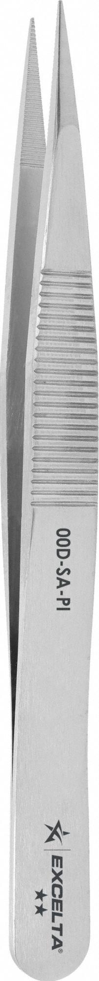 EXCELTA Tweezers: Stainless Steel, Point, Straight Tip (MPN 00D-SA-PI). Key specifications — attr1002355: Stainless Steel; attr1002345: EXCELTA; attr1002348: Stainless Steel; attr1002358: Serrated; attr1002361: 00D-SA; attr1024781: Standard.