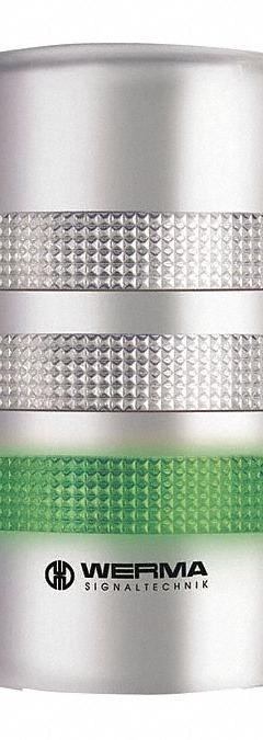 WERMA Tower Light Assembly: 3 Tier, Green/Red/Yellow, Sounder Tier Included, 195 mm Overall Ht (MPN 69140055). Key specifications — Manufacturer Part Number: 69140055; Brand: WERMA; Operating Voltage: 24V AC/DC; Light Tier Color: Yellow.