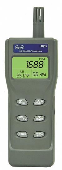 SUPCO Indoor Air Quality Meter: Built in Sensors, Gas Analyzers for Carbon Dioxide, Carbon Dioxide (MPN IAQ55). Key specifications — Manufacturer Part Number: IAQ55; Brand: SUPCO; Calibration Certificate Type: Not Certified; Digital Display Screen Type: LCD with Backlight; Features: Non-Dispersive Infrared Sensor (NDIR); Includes: Power Adapter; PPM Accuracy: ±75ppm; Power Source: AC Adapter.