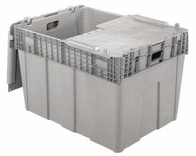 ORBIS Attached Lid Tote: 45.6 gal, 30 in x 22 in x 20 1/2 in, Gray Body, Gray Lid - Colored Attached-Lid Totes with Two-Piece Lids