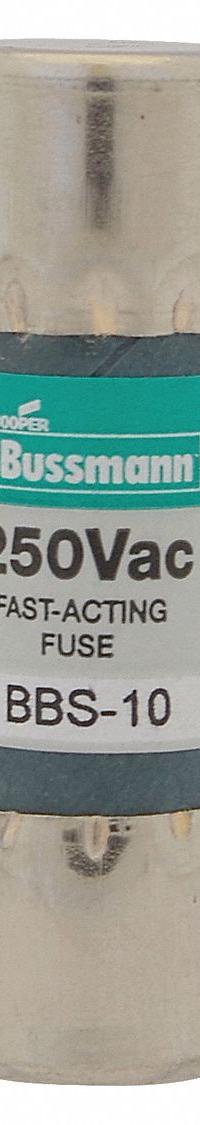 BUSSMANN Fuse: BBS Series, Midget, Fast-Acting, 10 A, 250 V AC, 13/32 in x 1 3/8 in, Non-Indicating (MPN BBS-10). Key specifications — attr1287209: BBS; attr211192: BUSSMANN.