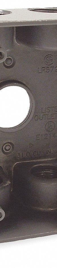 BELL Electrical Box: Aluminum, Square, 2 Gangs, 3/4 in Hub Size, 31 cu in Capacity, Gray (MPN 5346-0). Key specifications — Color: Gray; Brand: BELL.