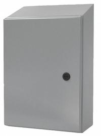 WIEGMANN Sloped Top Enclosure: Steel, 16 in x 12 in x 6 in, NEMA 12/13/3R/4, Solid Cover, Hinged (MPN N412161206CST). Key specifications — Brand: WIEGMANN; Knockouts: Not Included.
