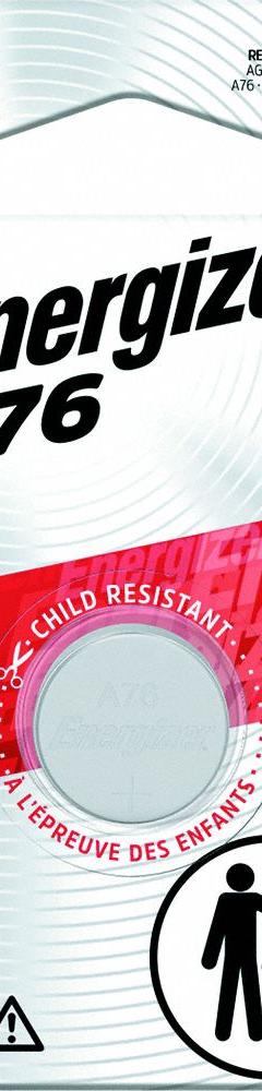 ENERGIZER Button Cell Battery: A76 Battery Size, Alkaline, 175 mAh Capacity, 1.5V DC, 0.457 in Dia (MPN A76BPZ). Key specifications — Voltage - Batteries: 1.5V DC; Battery Chemistry: Alkaline; Product Type: Button Cell Battery; Battery Size: A76; Brand: ENERGIZER; Voltage - Subhead: 1.5V DC.