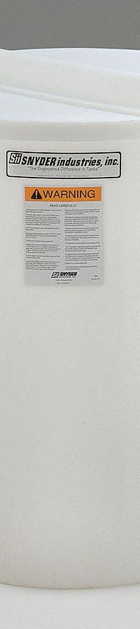 SNYDER INDUSTRIES Storage Tank: Single Wall, Vertical, 120 gal, Open Top, 3/16 in Wall Thick, HDPE (MPN 5700000N97208). Key specifications — Construction Material: HDPE; Brand: SNYDER INDUSTRIES.