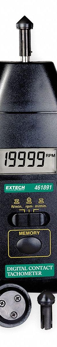 EXTECH Tachometer: +/-0.05% RPM Accuracy, 0.1 RPM, 20,000 RPM Max Contact RPM, Available Separately (MPN 461891). Key specifications — Includes: Cone Tip; Brand: EXTECH; Digital Display Screen Type: LCD; RPM Accuracy: +/-0.05%; RPM Resolution: 0.1 RPM; Calibration Certificate: Not Included.