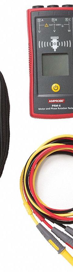 AMPROBE Phase Sequence and Motor Rotation Tester: 16 Hz to 400 Hz, 50 V to 700 V, CAT IV 600V (MPN PRM-6). Key specifications — Circuit Connection Type: Non-Contact; Brand: AMPROBE; CAT Safety Rating: CAT IV 600V.