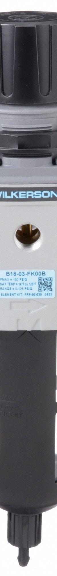 WILKERSON Filter-Regulator: B18 Series, 3/8 in NPT, 158 cfm, 5 micron, 0 psi to 125 psi, Aluminum (MPN B18-03-FK00B). Key specifications — attr109419: WILKERSON; attr109429: Aluminum; attr109463: No; attr109467: Nitrile; attr109468: B18.