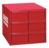 DURHAM MFG Drawer Bin Cabinet: 11 3/4 in x 11 3/4 in x 11 in, 6 Drawers, Stackable, Steel, Red (MPN 001-17-S1157). Key specifications — Cabinet Material: Steel; Includes Dividers: No; Drawer Color: Red; Cabinet Style: Drawer; Drawer Inside WxDxH: (6) 4-7/8 in x 11-1/4 in x 2-3/4 in; Cabinet Color: Red; Drawer Material: Steel; Brand: DURHAM MFG.