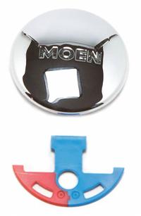 MOEN Index Button: Metal, Chrome, For Single-Handle Handle Type, Color Index, Blue/Red (MPN 100021). Key specifications — Material: Metal; Brand: MOEN; For Handle Type: Single-Handle; Color/Finish: Chrome; Index Color: Red; Index Style: Color.