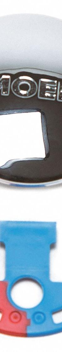 MOEN Index Button: Metal, Chrome, For Single-Handle Handle Type, Color Index, Blue/Red (MPN 100021). Key specifications — Material: Metal; Brand: MOEN; For Handle Type: Single-Handle; Color/Finish: Chrome; Index Color: Red; Index Style: Color.
