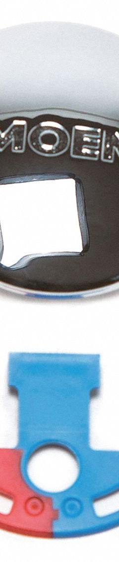 MOEN Index Button: Metal, Chrome, For Single-Handle Handle Type, Color Index, Blue/Red (MPN 100021). Key specifications — Material: Metal; Brand: MOEN; For Handle Type: Single-Handle; Color/Finish: Chrome; Index Color: Red; Index Style: Color.