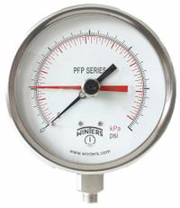 WINTERS Panel-Mount Pressure Gauge: Back Flange, 0 psi to 160 psi, 4 1/2 in Dial, 1/4 in NPT Male (MPN PFP712-DRY-45BF-MAXI45). Key specifications — Accuracy: ±1.0%; Brand: WINTERS; Vibration Resistance Properties: Field-Fillable; Gauge Wetted Parts: Stainless Steel.