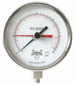 WINTERS Panel-Mount Pressure Gauge: Back Flange, 0 psi to 160 psi, 4 1/2 in Dial, 1/4 in NPT Male (MPN PFP712-DRY-45BF-MAXI45). Key specifications — Accuracy: ±1.0%; Brand: WINTERS; Vibration Resistance Properties: Field-Fillable; Gauge Wetted Parts: Stainless Steel.
