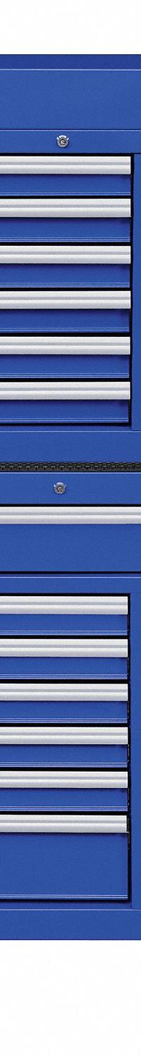 WESTWARD Tool Chest and Cabinet Combination: 24 Drawers, Heavy Duty, Keyed, Blue / Powder Coated (MPN 7CY36). Key specifications — attr1116680: Blue; attr1116684: Ball Bearing; attr1116690: WESTWARD; attr1116659: Keyed; attr1116661: Top Chest 41-1/2 in W x 18-5/8 in D x 26-7/8 in H.