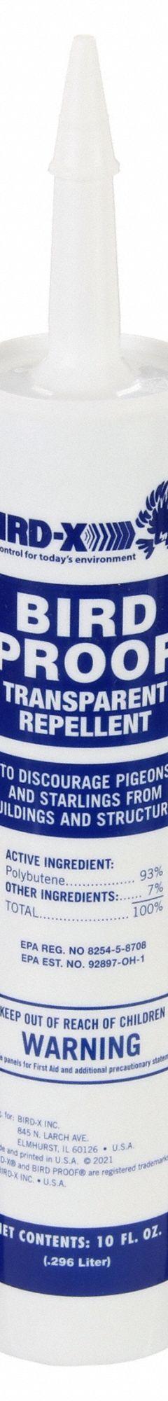 BIRD-X Bird Repellent: Gel, 120 sq ft Coverage Area, Bottle, 10.5 oz Container Size, 12 PK (MPN BP-CART). Key specifications — Indoor/Outdoor Use: Indoor/Outdoor; Brand: BIRD-X; Container Type: Bottle; Form: Gel.