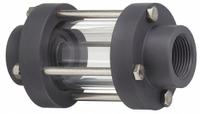 PLAST-O-MATIC Double Wall Sight Flow Indicator: PVC, Double Walls, Flange, Wafer-Style Flange, Viton (MPN GYW150V-PV). Key specifications — Brand: PLAST-O-MATIC; Max. Operating Pressure: 140 psi; Seal Material: Viton; Flow Direction: Any Direction; Window Material: Acrylic; Mounting Orientation: Vertical.