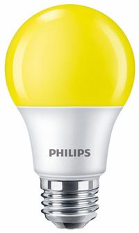 PHILIPS Compact LED Bulb: Medium Screw (E26), LED, (A) Classic, A19, 8 W Watt, 3000K, Frosted (MPN 8A19/LED/YELLOW/P/ND 120V 4/1FB). Key specifications — attr233510: A19; attr233525: 120V AC; attr233549: Frosted; attr518949: 3000K; attr239859: PHILIPS; attr935304: Colored.