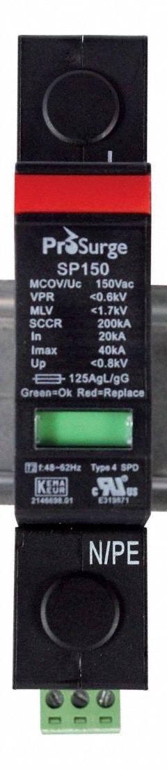 PROTEC Surge Protection: Single Phase, 120V AC, 1 Poles, 2 Wires, L-G/L-N, 700V (L-G)/700V (L-N) (MPN ASISP150-1P). Key specifications — Voltage: 120V AC; Number of Wires: 2 Wires; Modes of Protection: L-G; Max. Continuing Operating Voltage: 150 V AC (L-G); 150 V AC (L-N); Voltage Protection Rating: 700V (L-N); Short Circuit Current Rating: 200 kA; Mounting Style: DIN-Rail.