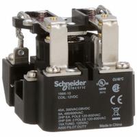 SCHNEIDER Open Power Relay: Surface Mounted, 40 A Current Rating, 12V DC, DPDT, 8 Pins/Terminals (MPN 199X-12). Key specifications — Brand: SCHNEIDER; Base Type: Octal; Mounting Style: Surface; Electrical Connection: Screw Terminal; Manufacturer Part Number: 199X-12; Operating Current: 15 A at 120V AC (Tungsten Filament); Series: 199 Power Series.