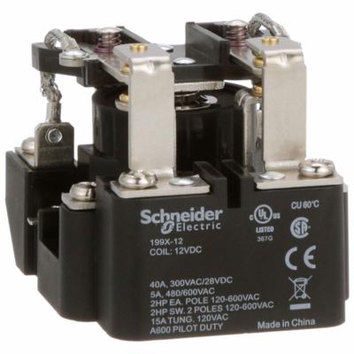 SCHNEIDER Open Power Relay: Surface Mounted, 40 A Current Rating, 12V DC, DPDT - Surface-Mounted Relays