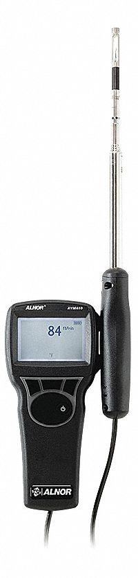 TSI ALNOR Anemometer: 1 fpm Air Velocity Resolution, Hot Wire, Air Velocity/Temp, Under 100 fpm, LCD (MPN AVM410). Key specifications — Calibration Certificate Type: NIST; Data Logging: No; Manufacturer Part Number: AVM410; Brand: TSI ALNOR; Digital Display Screen Type: LCD; Display Type: Digital; Includes: Carrying Case; Power Source: Battery.