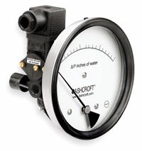 ASHCROFT Differential Pressure Gauge & Switch: Dual In-Line or Back, 1/8 in NPT Female, 1134, IP65 (MPN 451134EDRQMXV5CYLM3IWD). Key specifications — Sensor Type: Diaphragm; Series: 1134; Housing Material: Glass Filled Nylon; Certificate of Calibration: Not Included; Gauge Accuracy: ±3%.